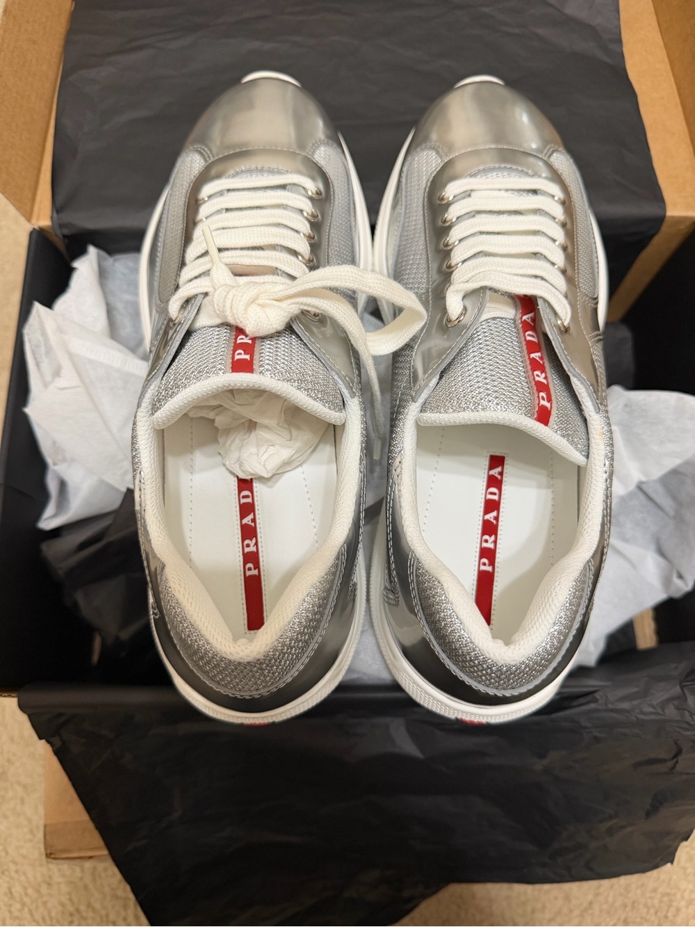 Prada Silver, White and Red Men's Low-Top Sneakers